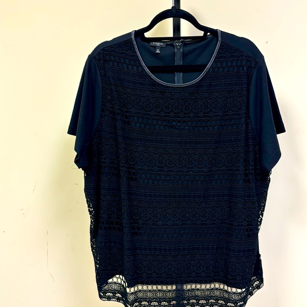 Plus size Talbots black crochet front blouse